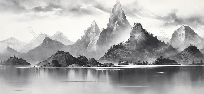 中国风黑白水墨山水画干净简洁山峰平静的湖面,插画/手绘图,插画/手绘图库,插画/手绘图下载,插画/手绘